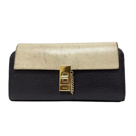 Auth Chloe Drew - Black Cream Leather Long Wallet - Picture 2 of 7